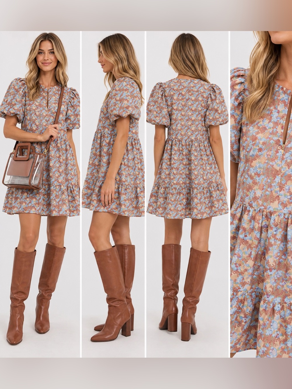 TUCKERNUCK Brown & Light Blue Floral Puff-Sleeve Southern Preppy Resort Dress L - Picture 6 of 7